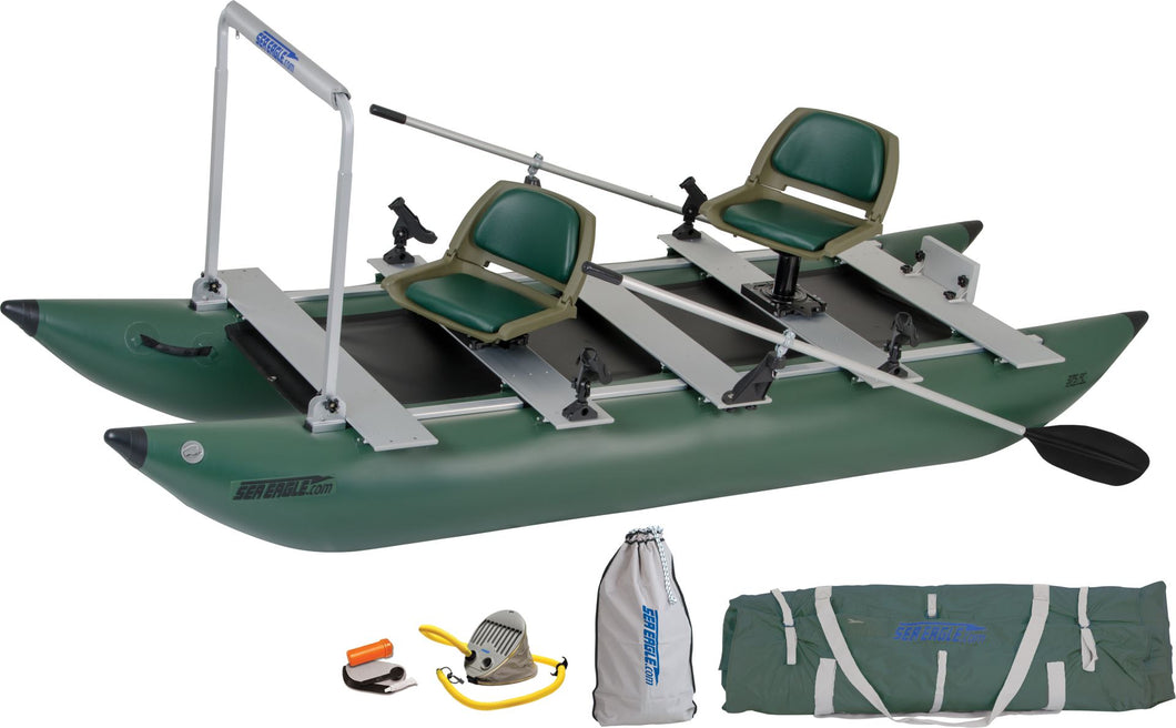 inflatable fishing pontoon boat equipped for fishing with a hold bar. 