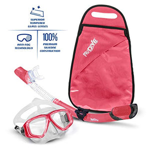 PRODIVE Premium Dry Top Snorkel Set - Impact Resistant Tempered Glass Diving Mask, Watertight and Anti-Fog Lens for Best Vision, Easy Adjustable Strap, Waterproof Gear Bag Included (Rose)
