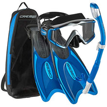 Cressi Palau Traveling Premium Snorkel Set, Panoramic Wide View Adult Diving Snorkeling Mask, Desert Dry Snorkel, Adjustable Fins, Travel Gear Bag - Metallic Blue - Large/X-Large