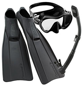 Cressi Clio Full Foot Fin Frameless Mask Dry Snorkel Set with Carry Bag, Black, Size 10/11-Size 45/46