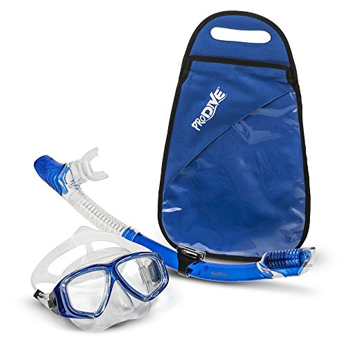 PRODIVE Premium Dry Top Snorkel Set - Impact Resistant Tempered Glass Diving Mask, Watertight and Anti-Fog Lens for Best Vision, Easy Adjustable Strap, Waterproof Gear Bag Included (Blue)