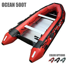 large red inflatable boat with transom and two seats
